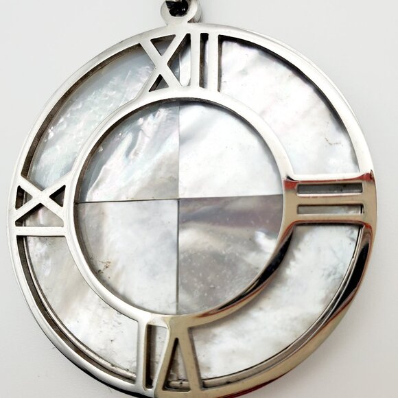 Large Mother of Pearl Clock Silver Pendant Stainless Steel Roman Numerals Sleek - Picture 3 of 7